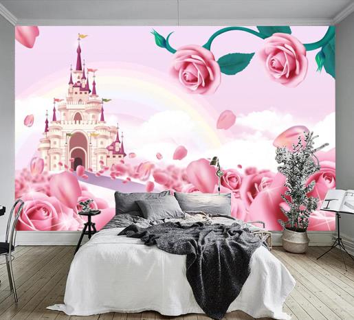Фотообои 3D флизелиновые цветочные для спальни/зала/кухни Розы и замок