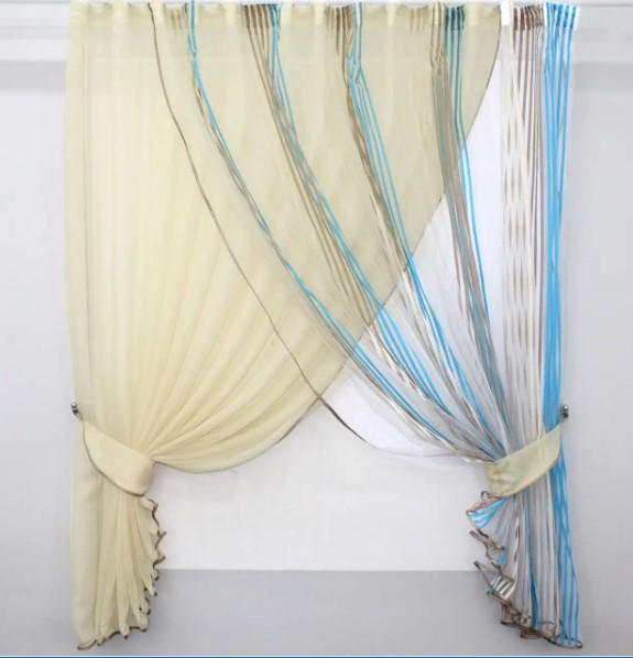 Комплект штор на кухню 330х170 см Бежевый/Голубой (101к) - фото 1 Комплект штор на кухню 330х170 см Бежевый/Голубой (101к) - фото 1