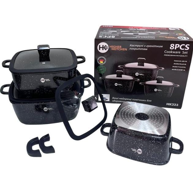Набір каструль з кришками Higher Kitchen HK 325 із гранітним антипригарним покриттям 8 предметів 20/24/28 см Чорний (323ERDАА) - фото 4 Набір каструль з кришками Higher Kitchen HK 325 із гранітним антипригарним покриттям 8 предметів 20/24/28 см Чорний (323ERDАА) - фото 4