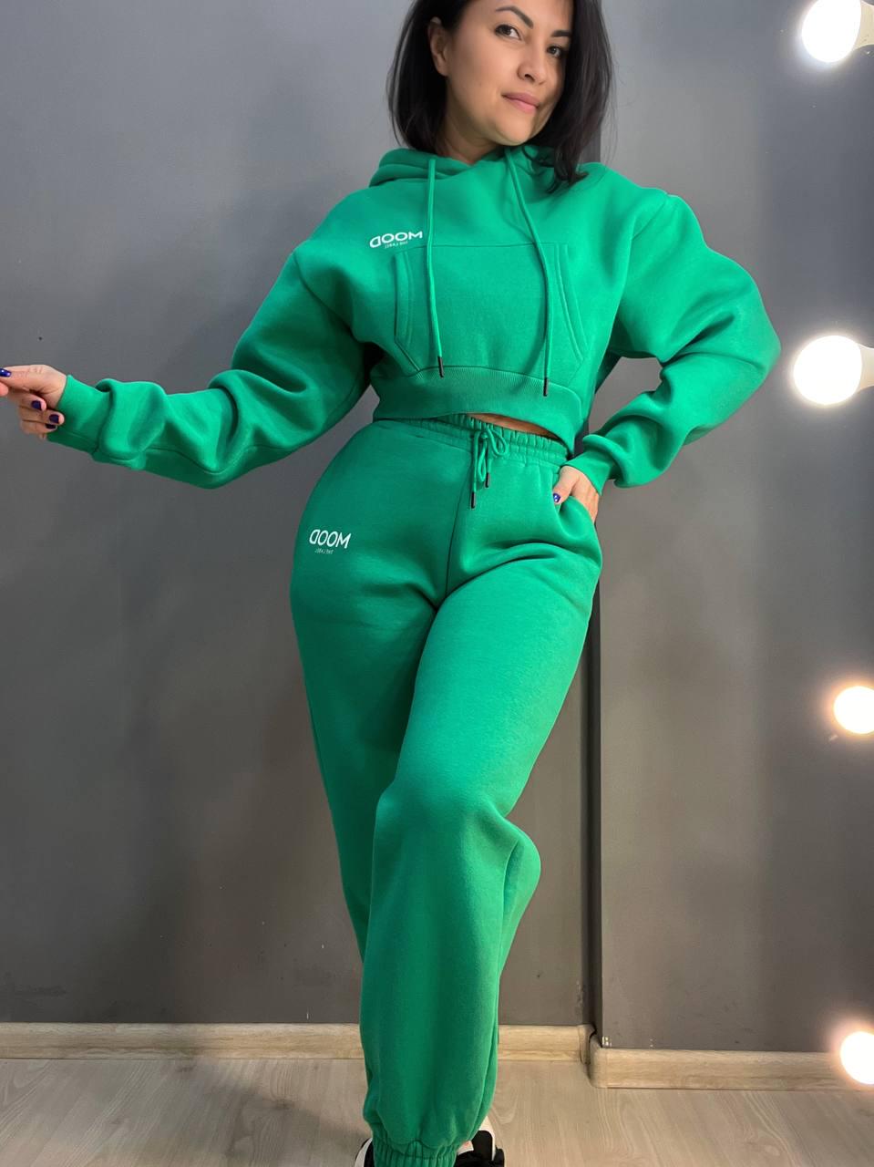 Костюм женский QUZEN 493-497 худи с капюшоном MOOD брюки флис M Зеленый (814)
