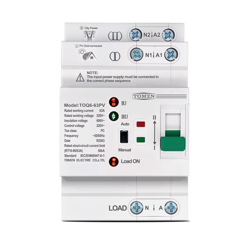 Автоматический переключатель ввода резерва TOMZN I-II 2P 63A 230V АВР для гибридных инверторов (2P-PV-LN-230)