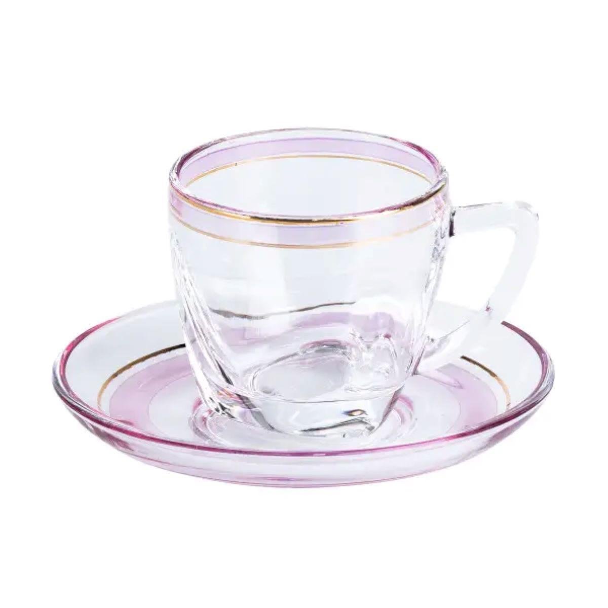 Чашки зі блюдцем скляні на 6 осіб Рожевий/Прозорий (HP571) - фото 2 Чашки зі блюдцем скляні на 6 осіб Рожевий/Прозорий (HP571) - фото 2