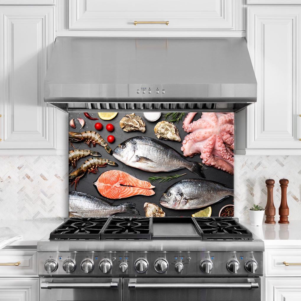 Стеклянная панель для кухни NovellaPrint Морепродукты 60х40 см (1034.1)