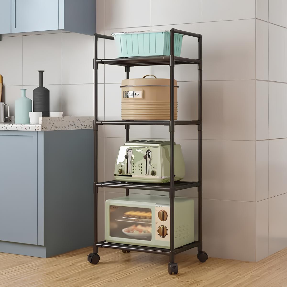 Этажерка TVT-03 на колесиках для хранения посуды 138х42х32 см 4 яруса Черный