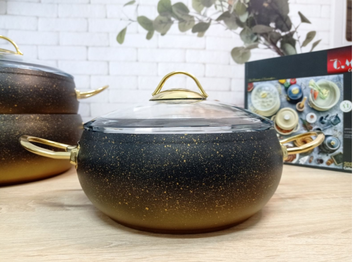 Набір посуду зі сковородою OMS з антипригарним покриттям 7 предметів Чорний/Золотий (3023-gold) - фото 2