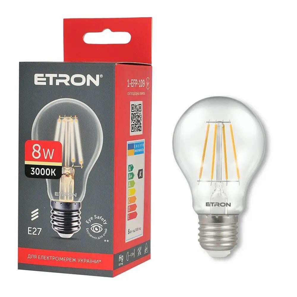 Лампа LED ETRON Filament 1-EFP-109 A60 8W E27 3000K Прозрачный