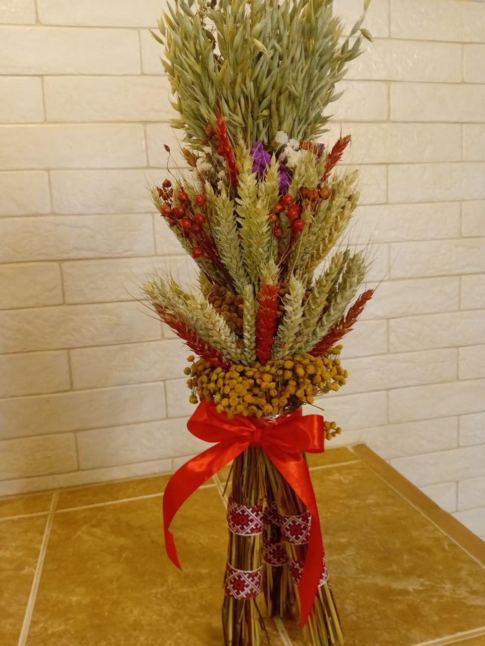 Дидух рождественский из колосков пшеницы/льна и овса с лентой-вышиванкой 55-60 см