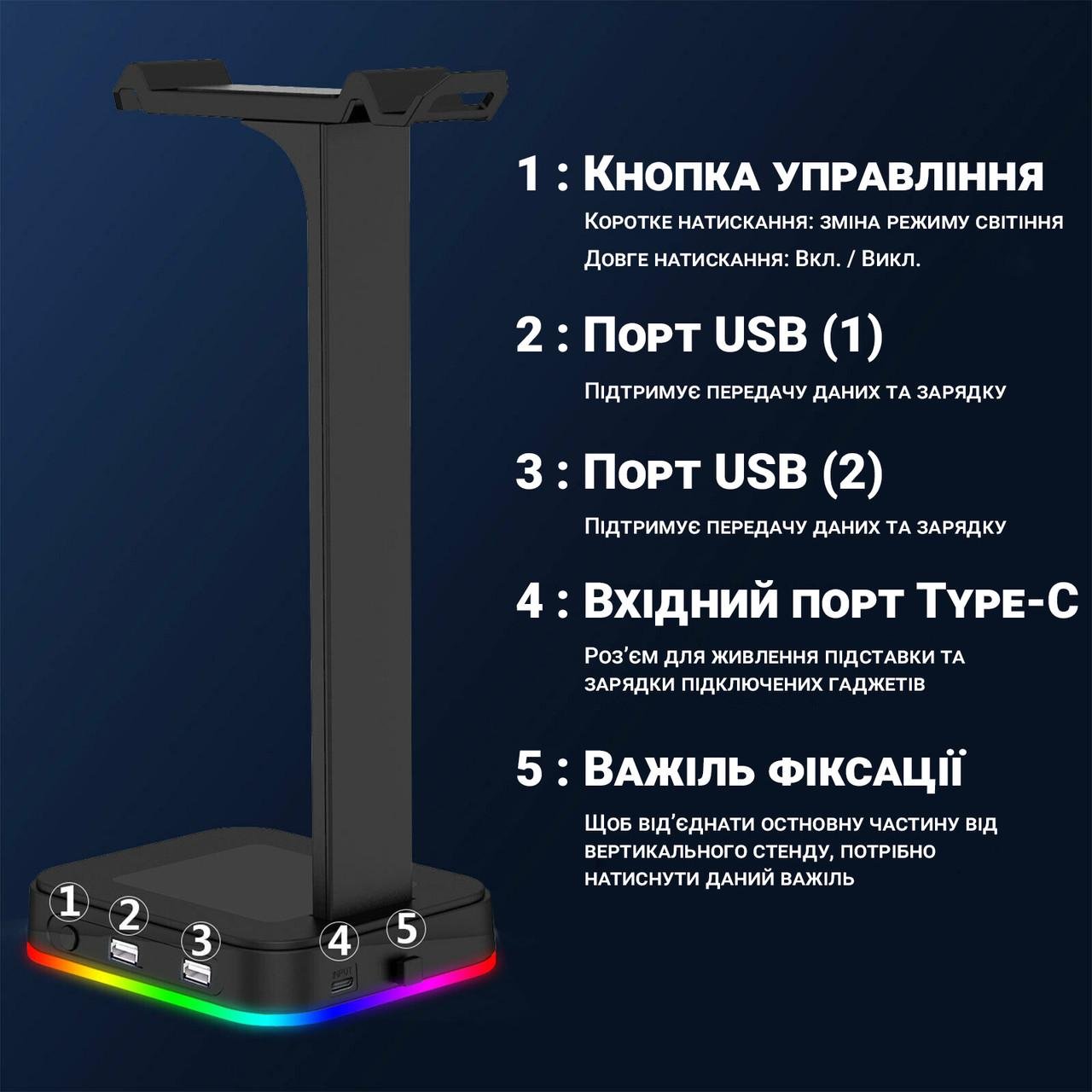 Подставка для наушников/гарнитуры Digital Lion G1 с RGB подсветкой и 2 портами USB - фото 7