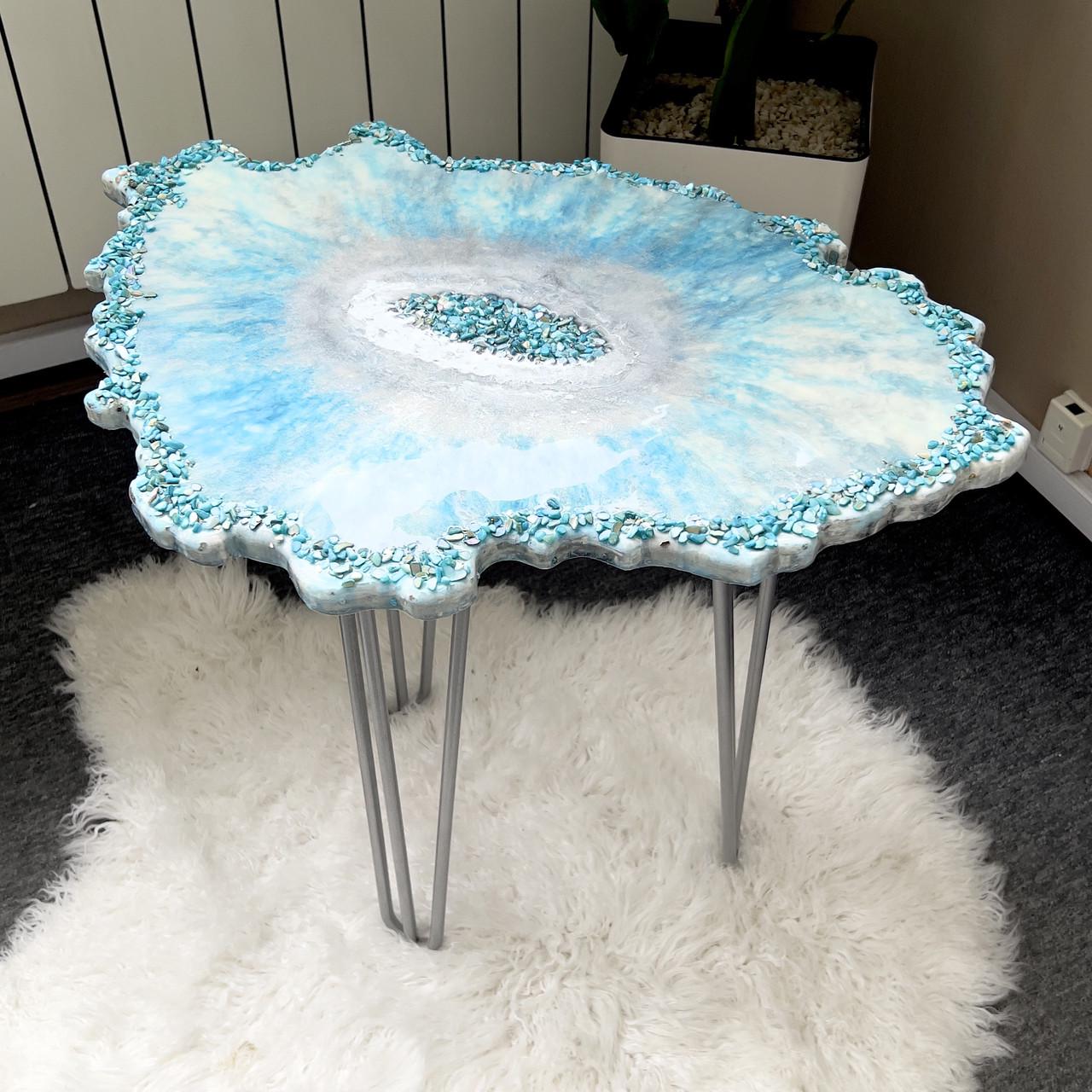 Столик журнальний фігурний з епоксидної смоли з перламутром Зріз каменю 80х60 см