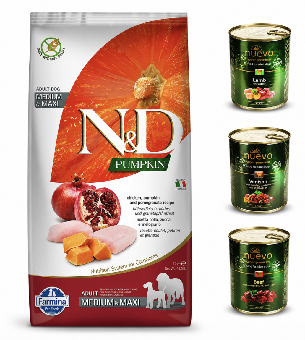 Набор корма для средних и крупных пород Farmina N&D Pumpkin с курицей тыквой и гранатом 12 кг и консервы Nuevo 3 шт. по 800 г