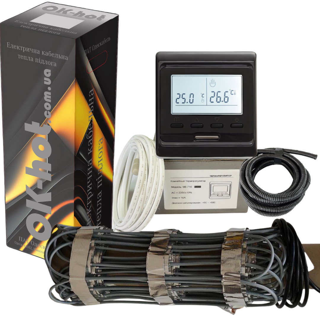 Гріючий мат для теплої підлоги Ok-hot 170 Вт/м2 3,75 м2 633 Вт та програмований термостат Чорний