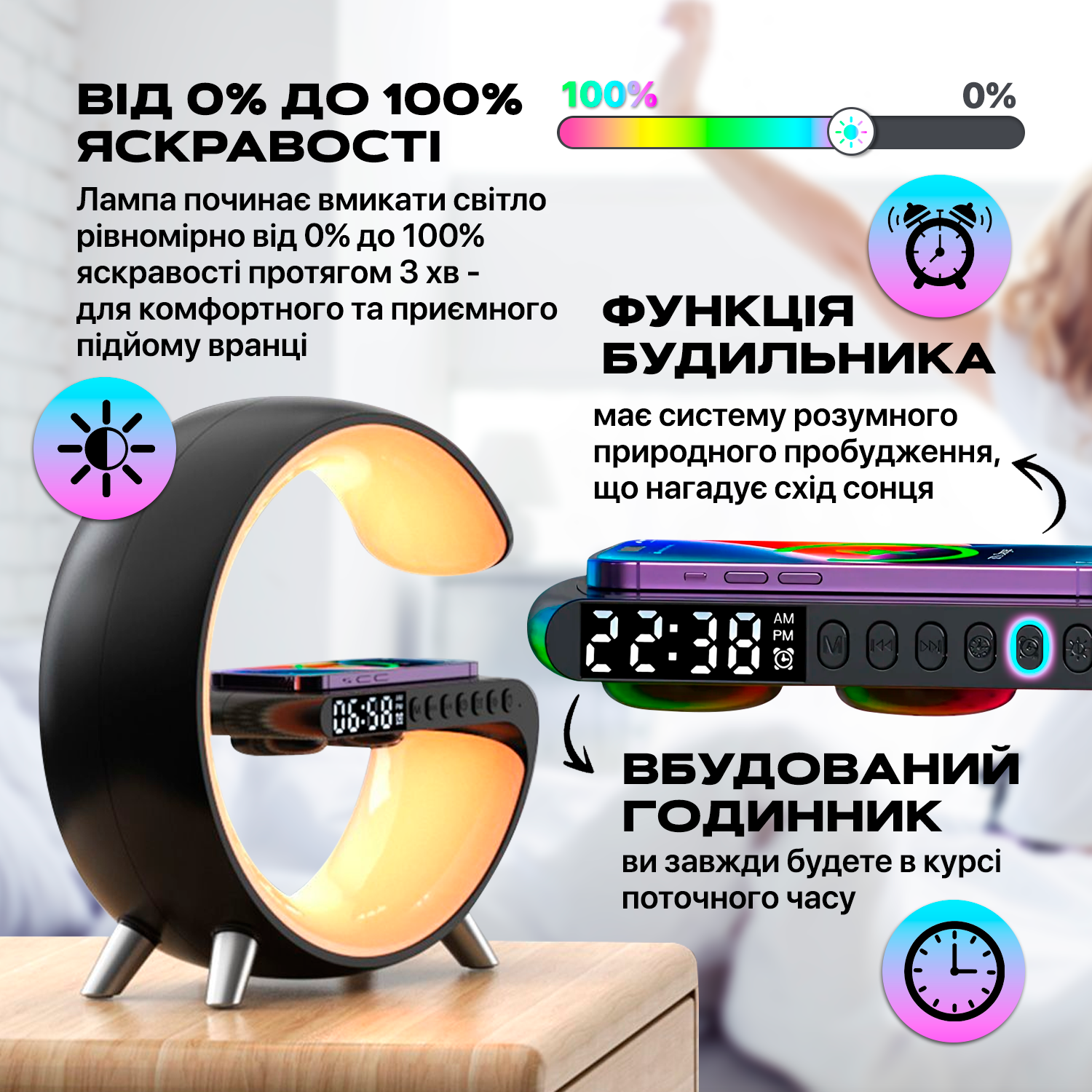 Настольная смарт-лампа G-Smart RGB с часами/беспроводной зарядкой 15 W и Bluetooth-колонкой 3W Белый (GL-White) - фото 5