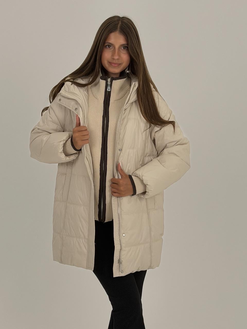 Куртка-пуховик женская удлиненная/трикотажный воротник XL Айвори (2761/XLа)