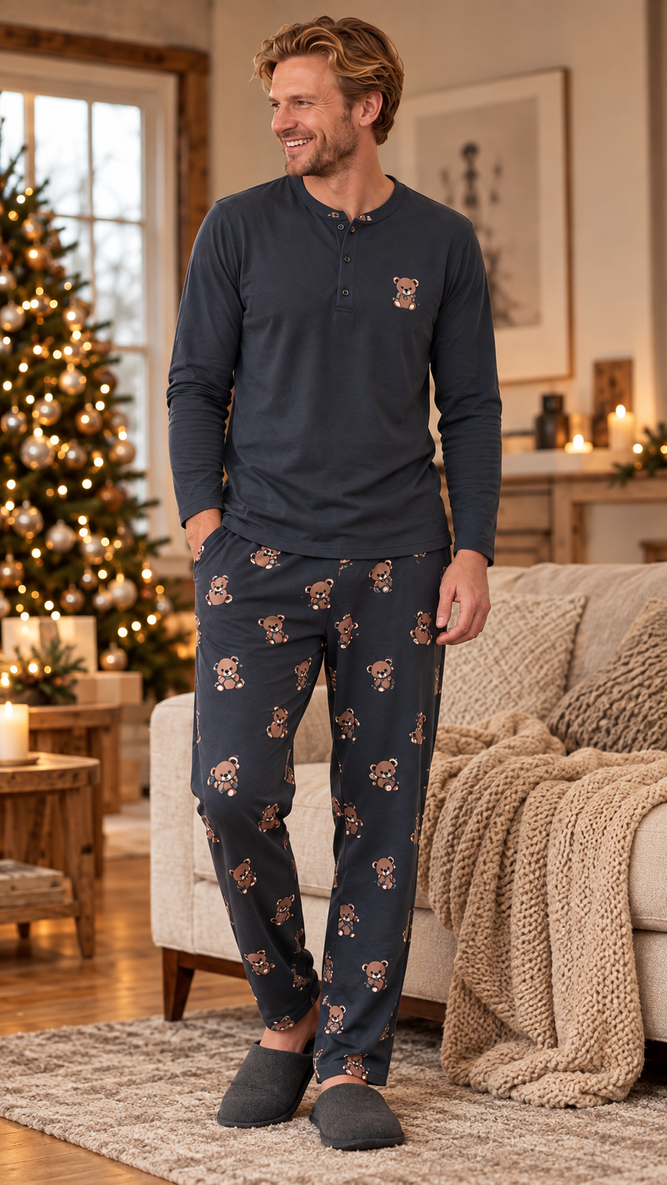 Пижама мужская в стиле Family Look Тедди лонгслив и брюки M (PJ6510-5M)