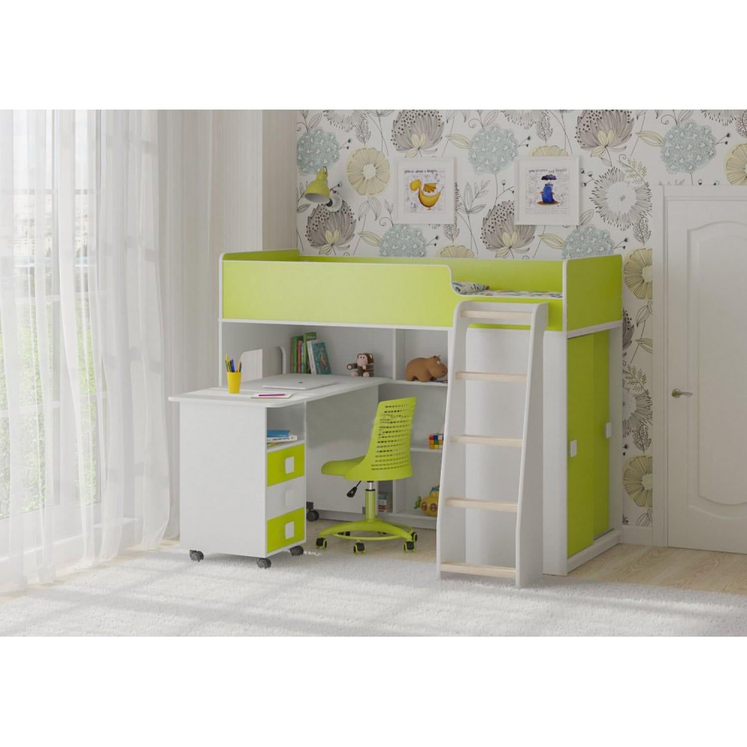 Кровать-чердак детский со шкафом и рабочей зоной K-048 70х175/110х180 см (100709)