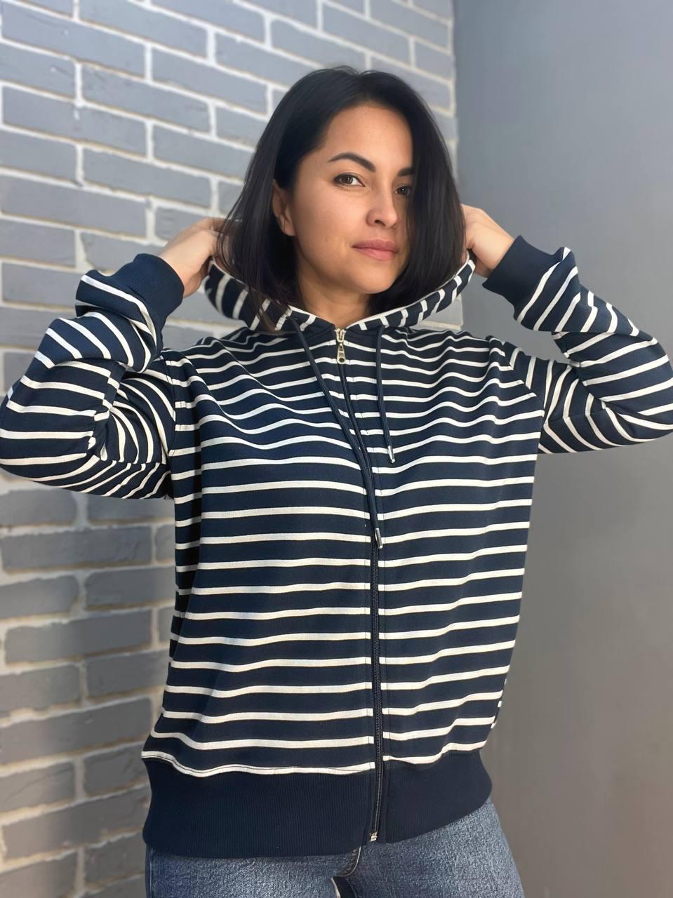 Толстовка жіноча PEPPER MINT 24-01 в смужку на блискавці з капюшоном OS Темно-синій (1375) - фото 2