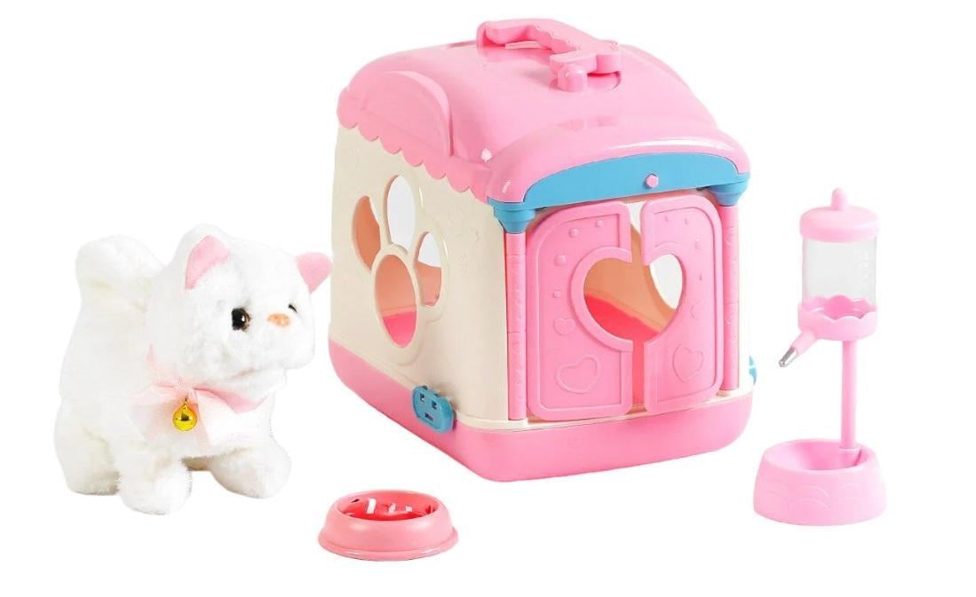 Котенок на батарейках 933-71 E 12 ходит/мяукает/выляет хвостом/переноска/поилка/миска (144704)