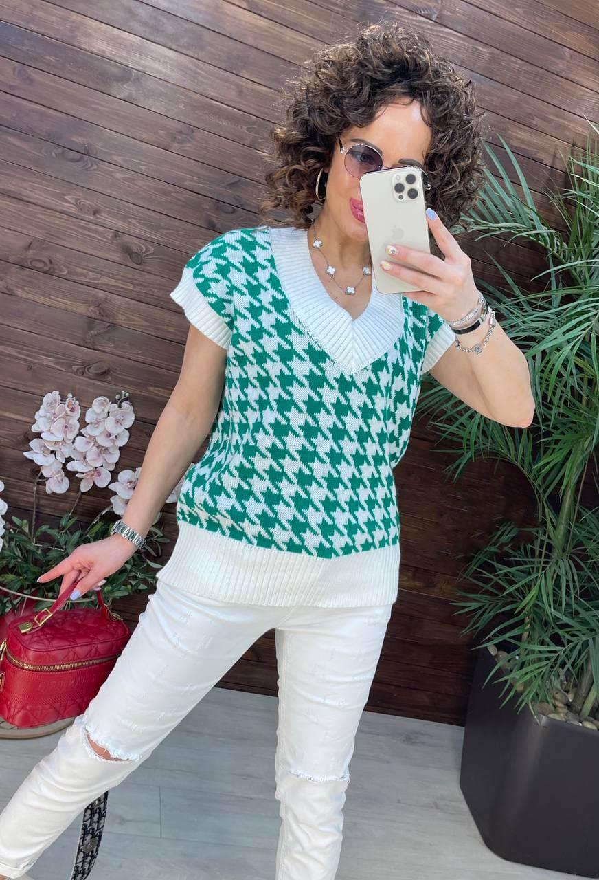 Жилетка вязаная женская с принтом гусиная лапка р. 42-48 Зеленый (2273)