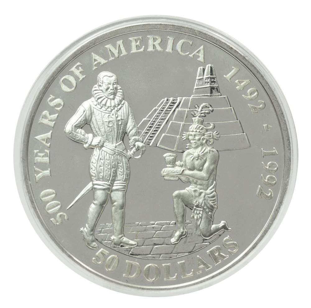 Коллекционная монета Острова Кука 50 долларов 1992 серебро Proof 500 лет Открытию Америки-Педро де Альварадо (М22628)