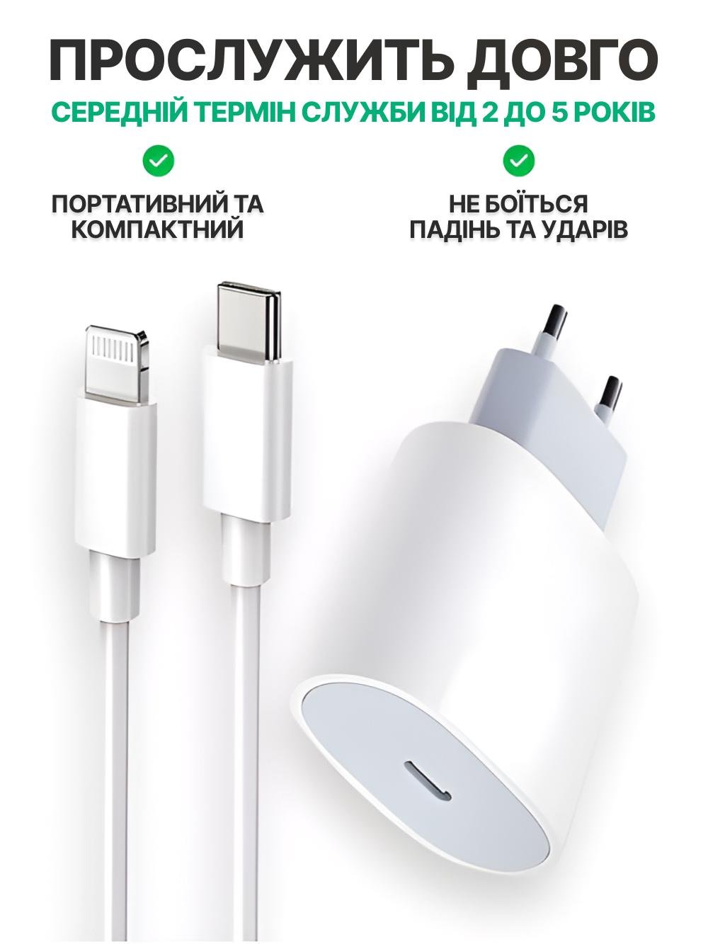 Комплект быстрой зарядки блок USB-C 20W Power Adapter и кабель USB Type-C Lightning Белый (35718290) - фото 3