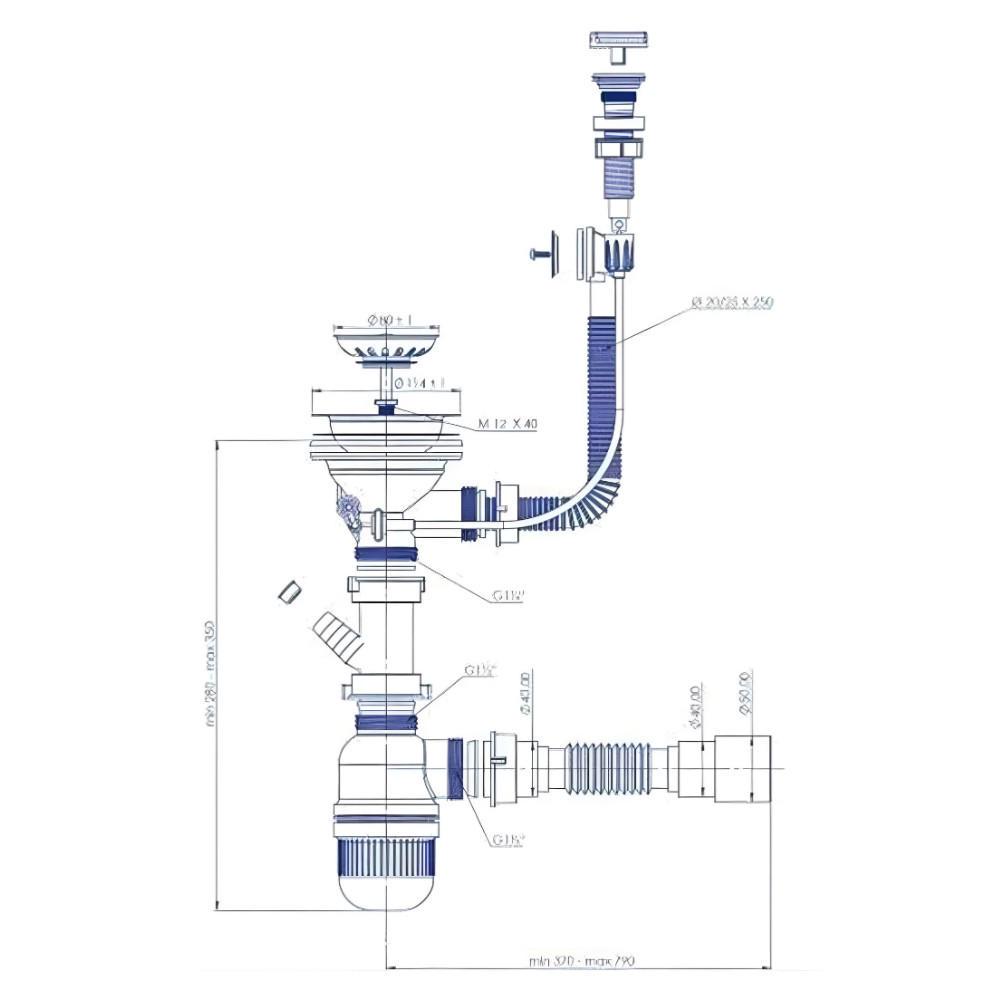 Сифон для кухонной мойки Bakimay гофротруба с круглым переливом 3-1/2" (1049) - фото 2