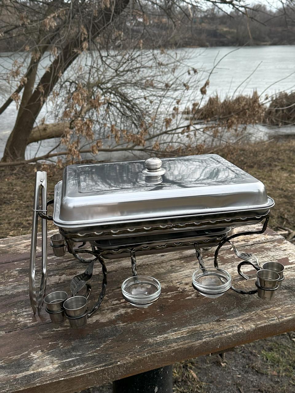 Садж прямокутний для шашлику 4 соусниці 8 чарок та щипці