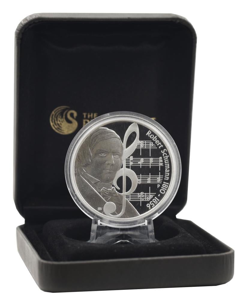 Коллекционная монета Тувалу 1 доллар 2010 серебро Proof Великие композиторы Роберт Шуман Ag 999 1 унция 31,1 г (М21179)
