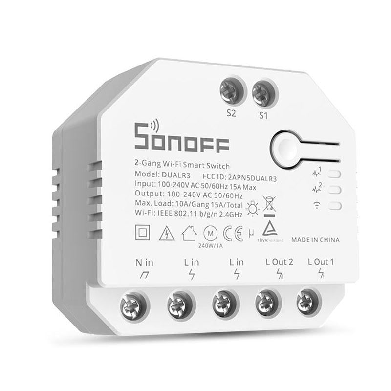 Перемикач-реле двоканальне з нульовою лінією SONOFF 2-Gang Wi-Fi Smart Switch DUALR3 White