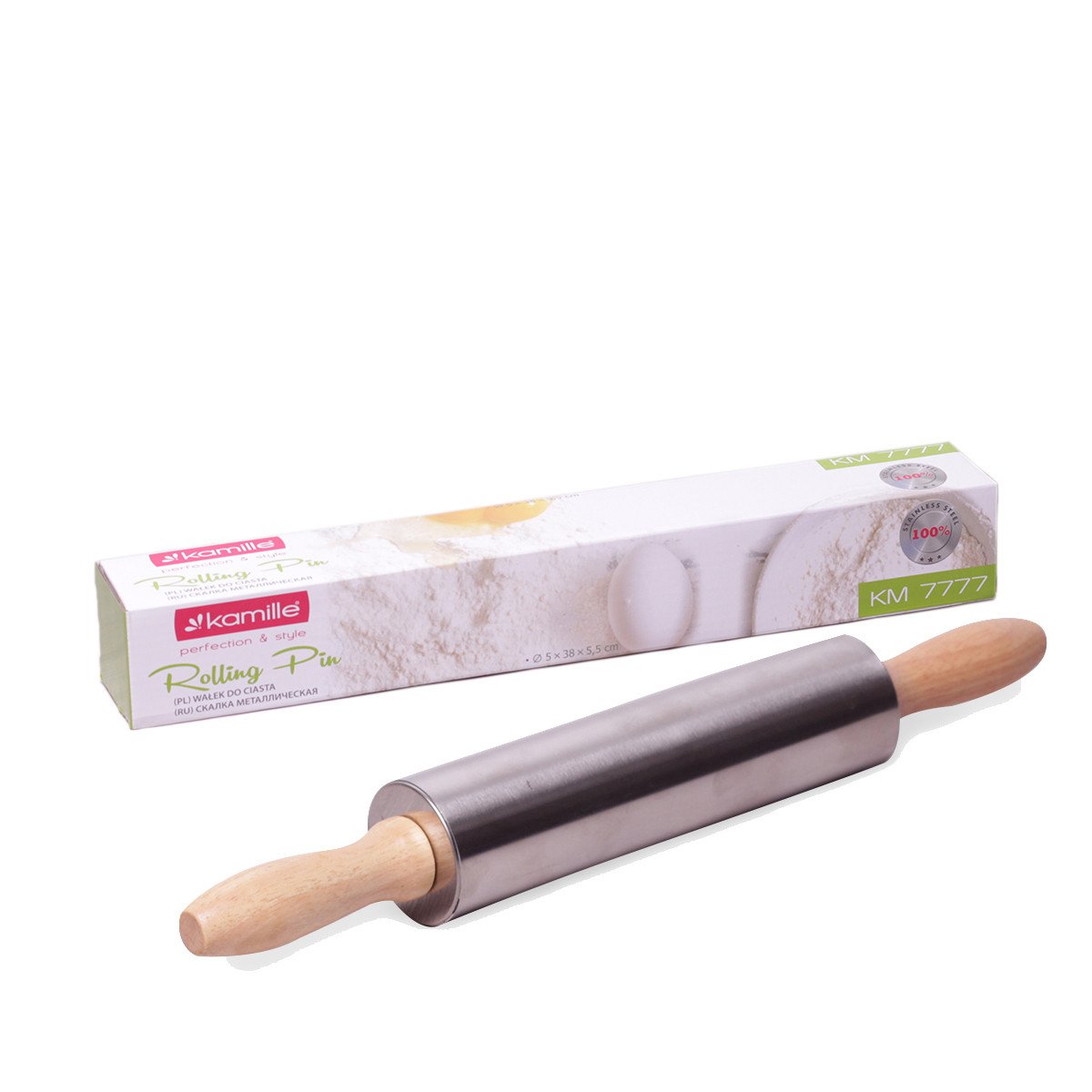 Скалка Kamille 5х38 см с вращающимся валиком (KM-7777)