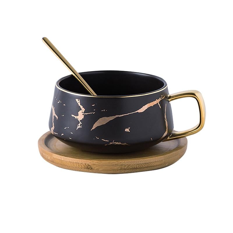 Чашка кофейная с ложкой с бамбуковым блюдцем золотой мрамор Black
