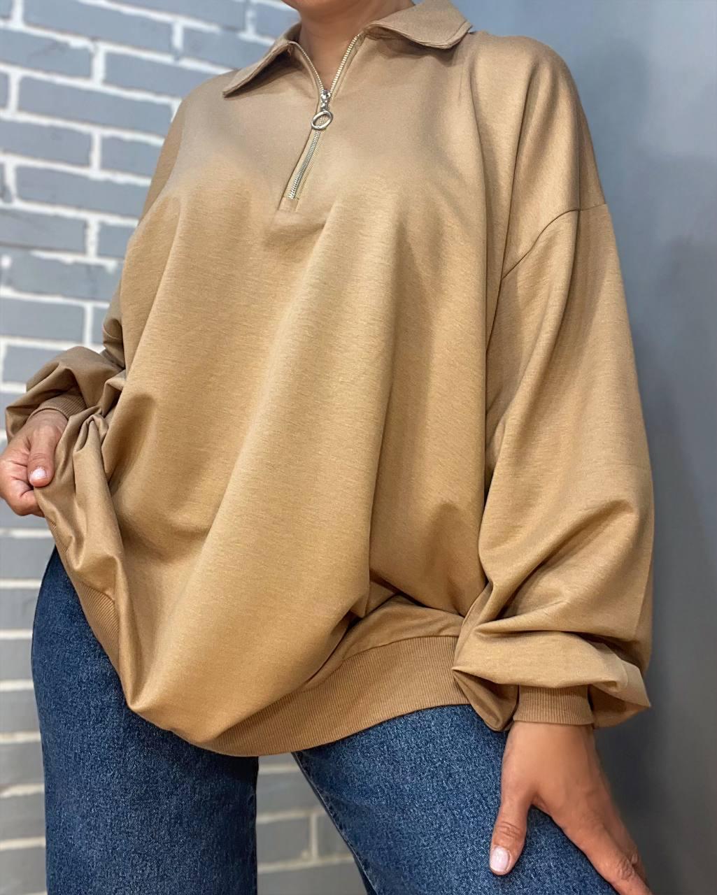 Свитшот женский MY CITY 8779 супер свободный воротник молния OS Капучино (2662) - фото 2