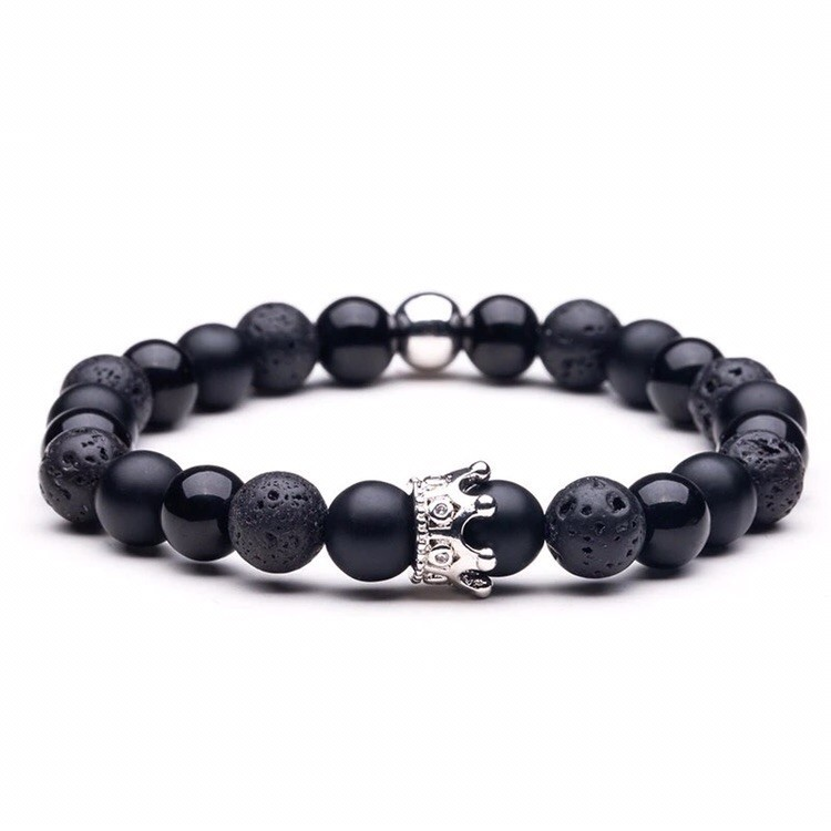 Браслет із шунгіту лавового каменю та агату з короною р. 14 Чорний/Срібний
 (30014)