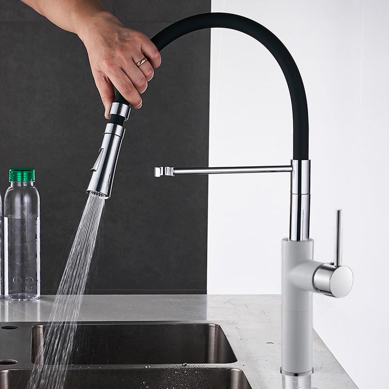 Змішувач кухонний висувний вилив кран два режими води обертається на 360 градусів WanFan Білий/Хром - фото 3