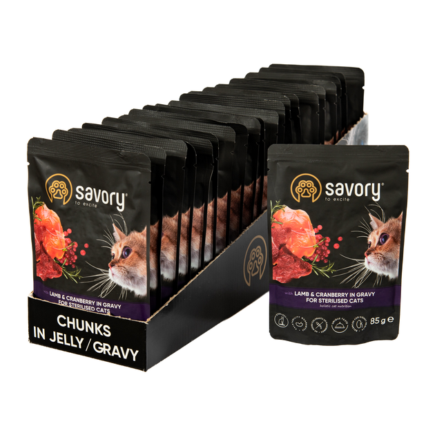 Влажный корм Savory для стерилизованных кошек ягненок с клюквой в соусе пауч 22х85 г (2298464250)