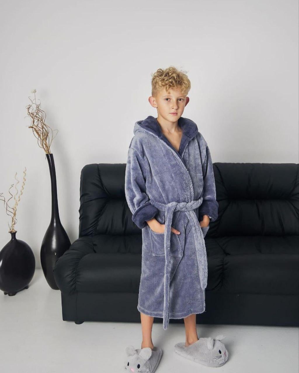 Халат махровый на запах с капюшоном 128-134 см Серый (П4К-rob-hl-007)