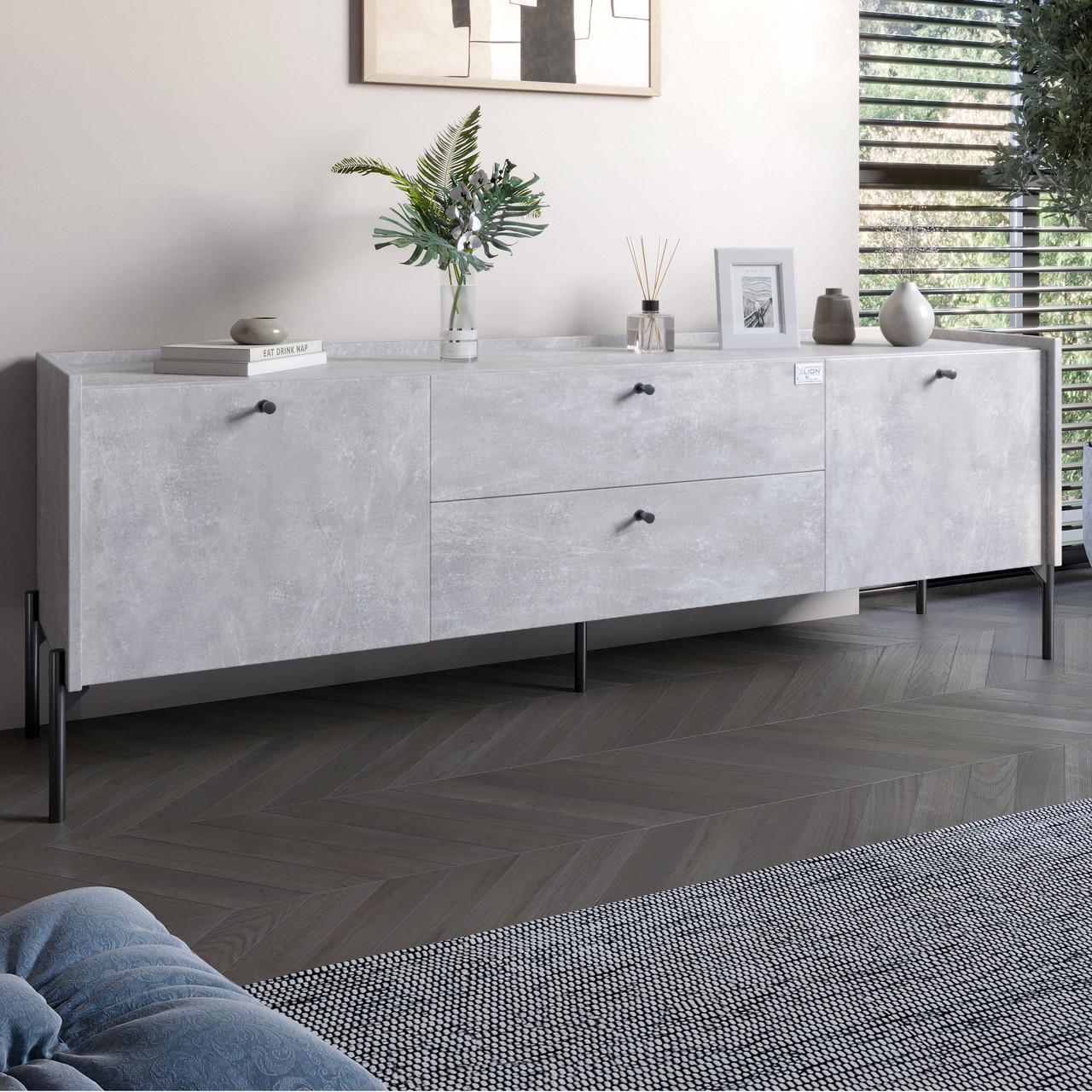 Тумба под телевизор с ящиками Lion Wood с черными ножками 180х50х40 см Бетон (Lion-043122)