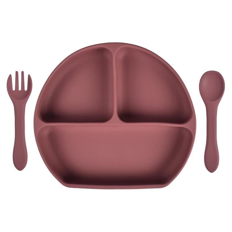 Тарелка силиконовая секционная на присоске с приборами Коричневый