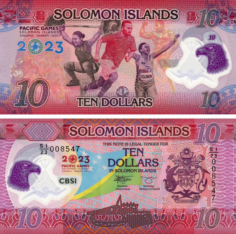 Коллекционная банкнота Соломоновы острова 10 долларов 2023 Полимер UNC Памятная-Спорт-17th Pacific Games Pnew (Б19142)
