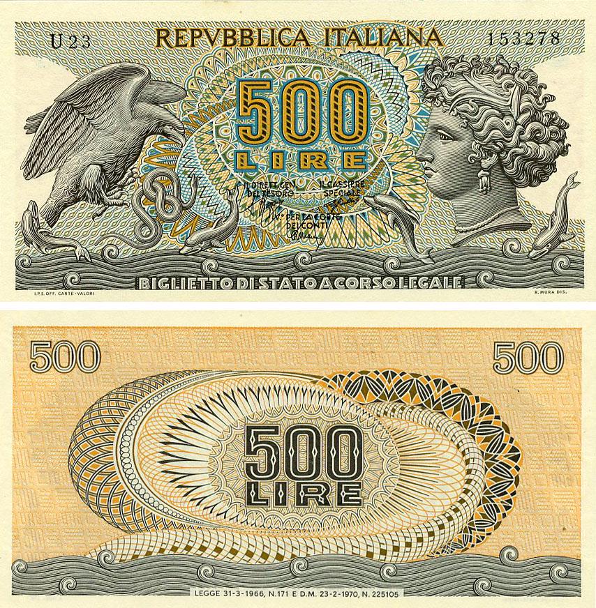 Коллекционная банкнота Италия 500 лир 1970 UNC (P93a)