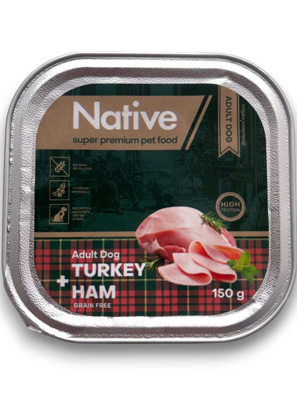 Корм вологий повнораціонний для дорослих собак NATIVE Turkey&Ham шматочки в желе з індичкою і шинкою 150 г