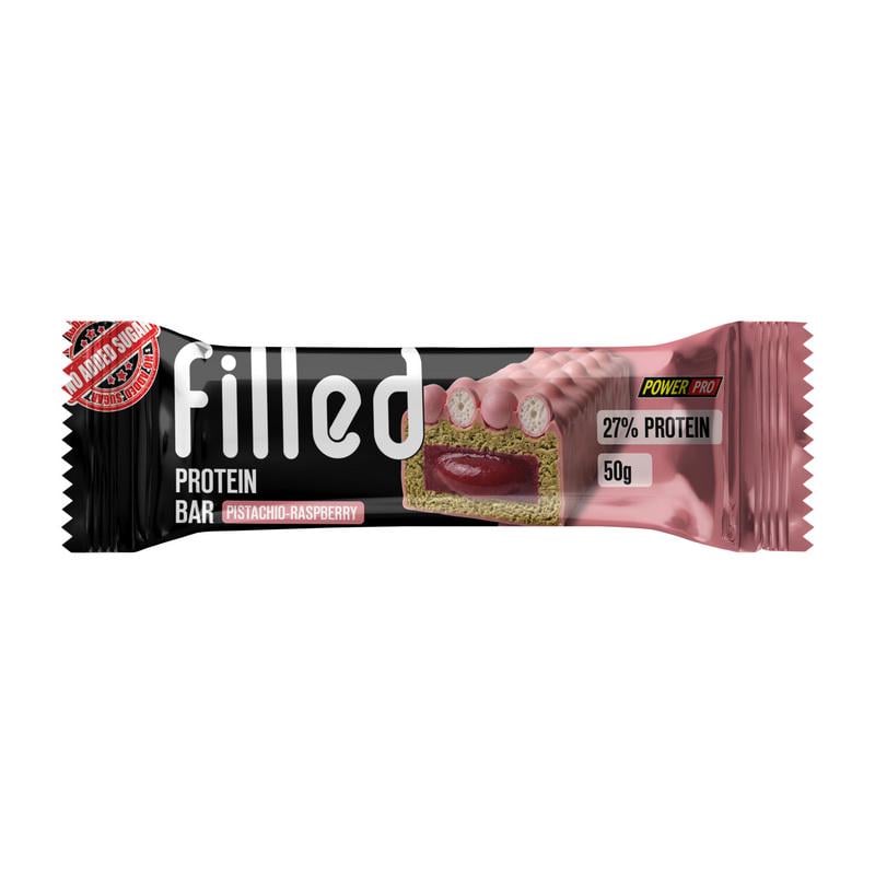 Протеиновый батончик 27% белка с начинкой без добавленного сахара Power Pro Filled Bar 50 г Фисташка/Малина