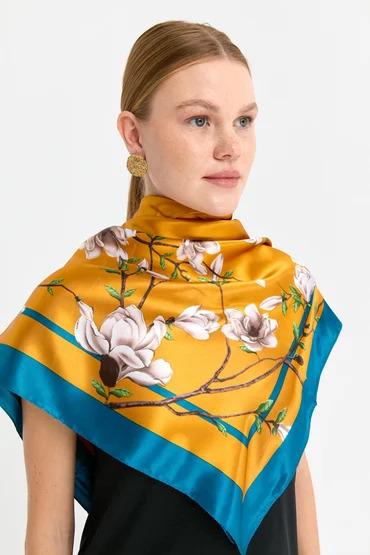 Платок шелковый Цветочный рай Mosi 90х90 см Желто-голубой - фото 2