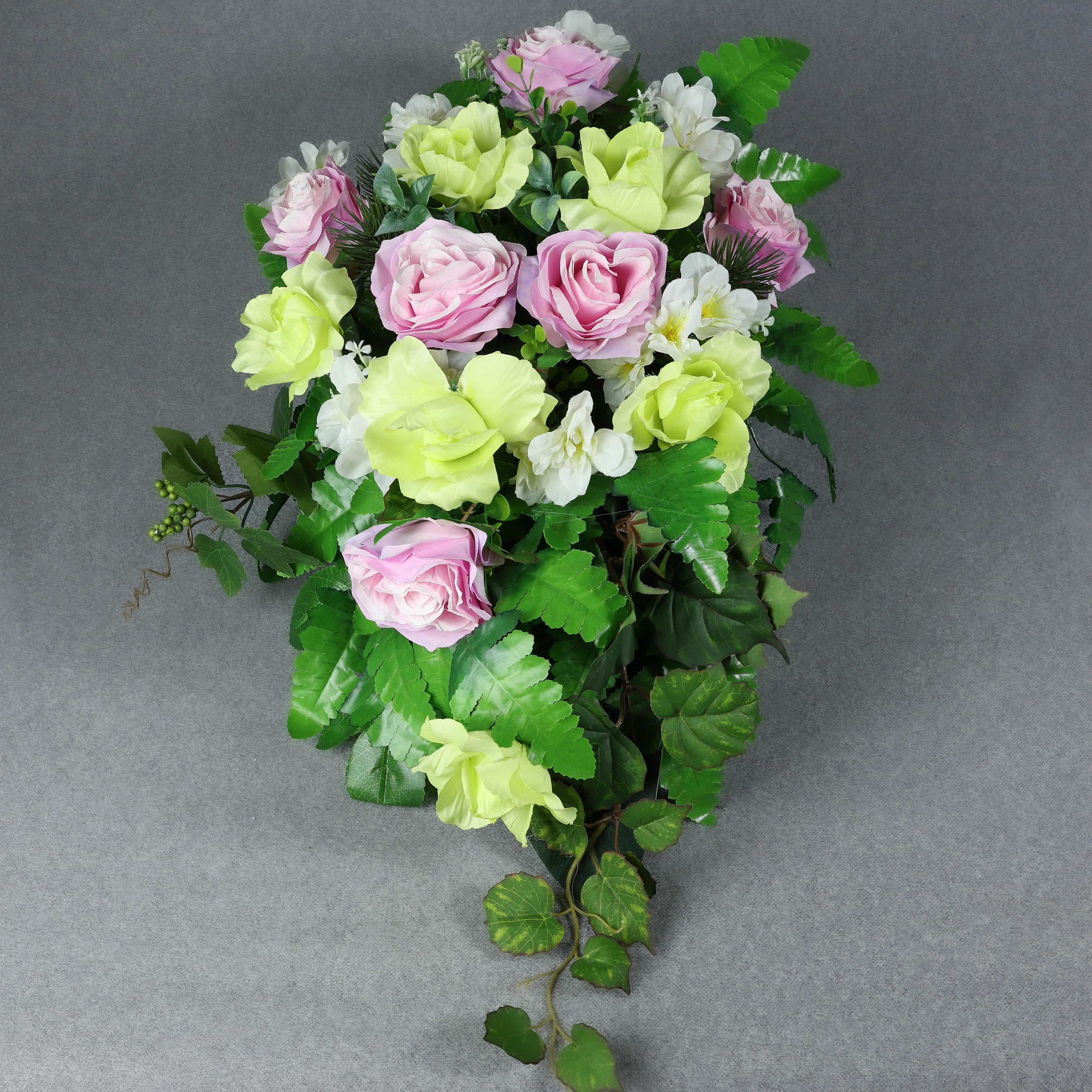 Композиция надгробная GALA DECOR из искусственных розовых и желтых роз в отягощенном золотисто-сером кашпо (КЗС6030РЖ)