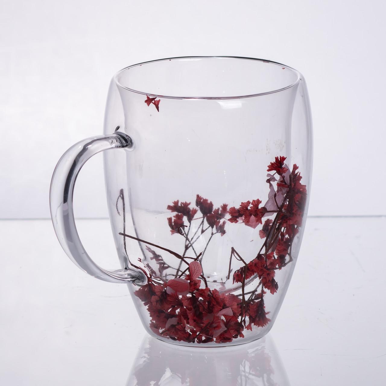 Чашка стеклянная с двойными стенками Light House LG-30140 CL RD с декором из красных сухоцветов 350 мл