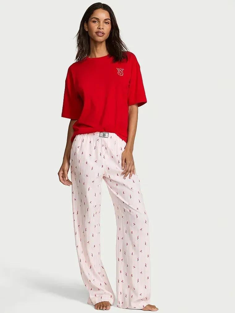 Пижама хлопковая Victoria's Secret Flannel Short-Sleeve Long Tee-Jama Set Regular S Красный (27157479)
