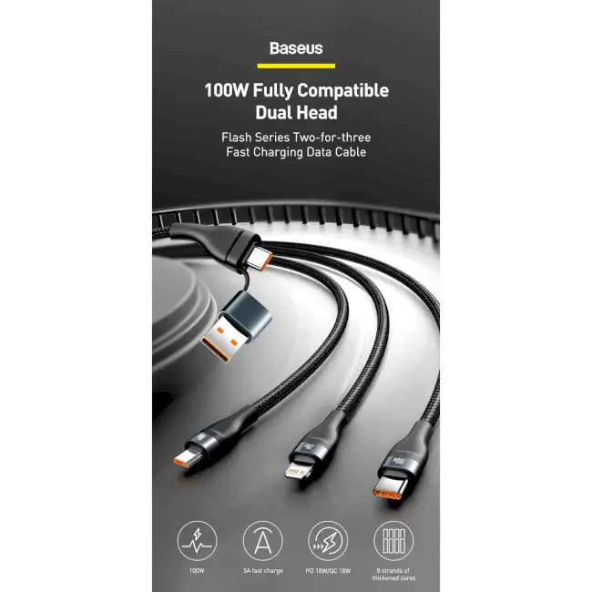 Кабель BASEUS Flash Series II 3в2Cable USB/Type-C to MicroUSB/Lightning/Type-C CASS030103 100W 1,2 м Blue - фото 9