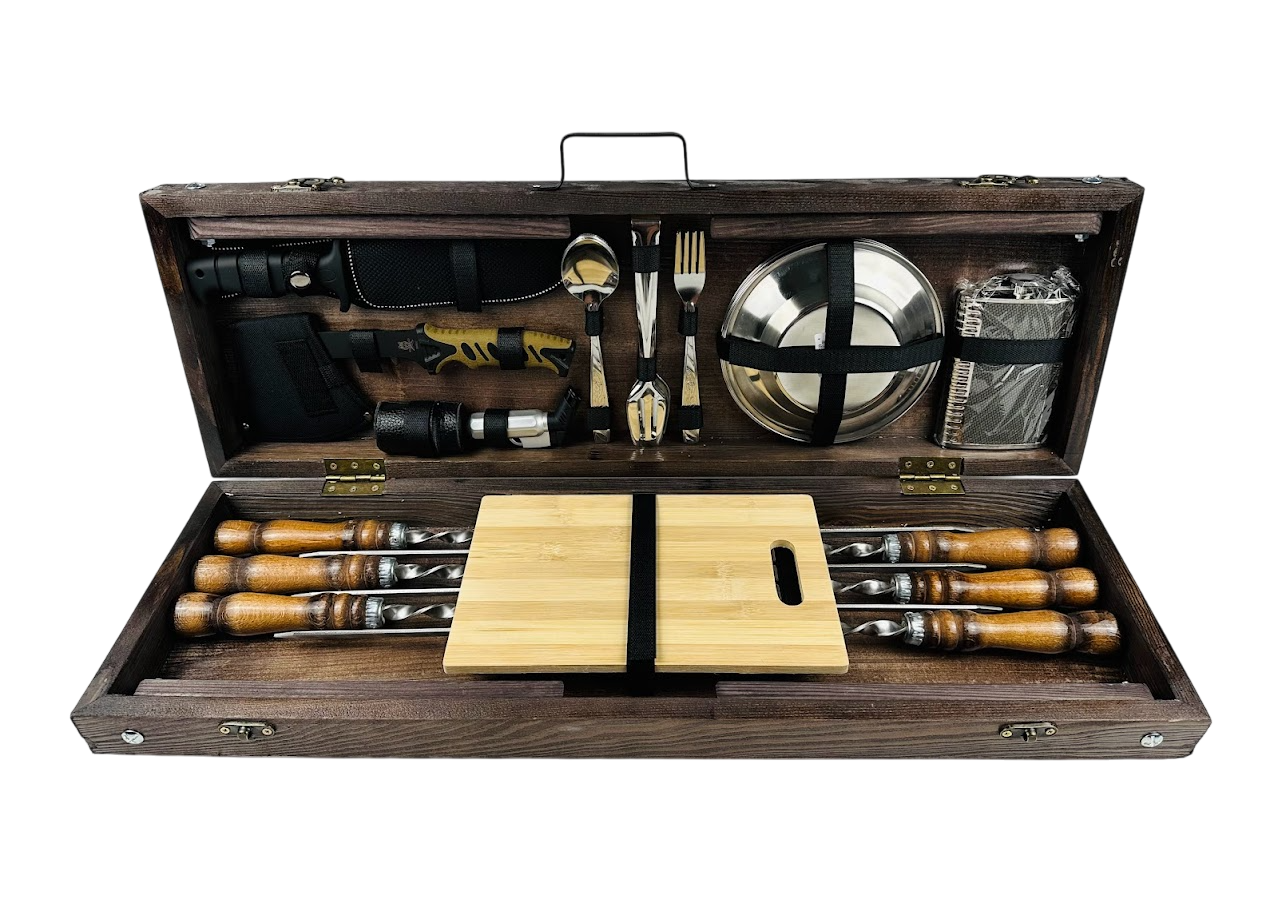 Набор шампуров ручной работы Компакт с аксессуарами и столом-трансформером 36 предметов 74х24х10 см Коричневый (124-10-KS-7622)