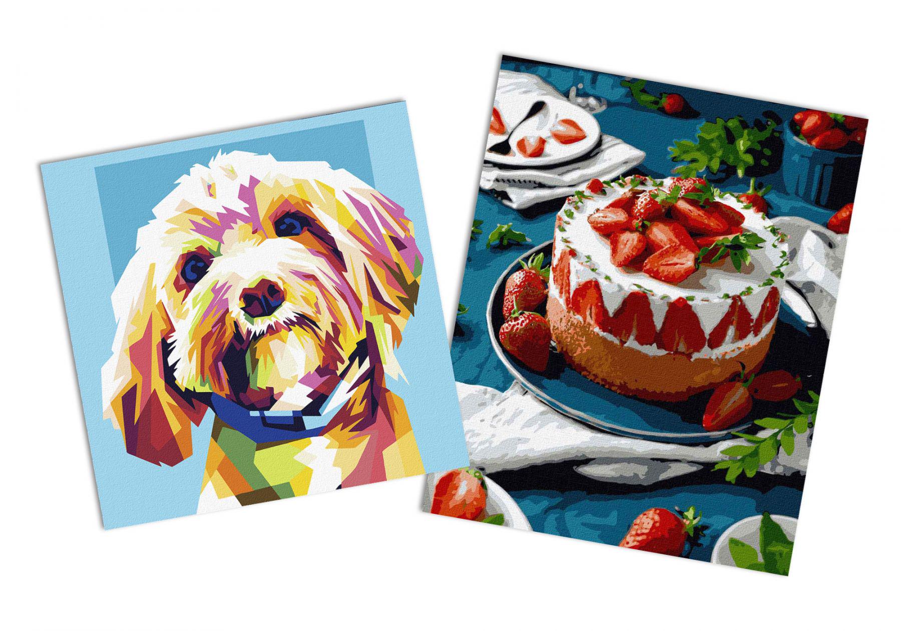 Набор картин по номерам Идейка 2в1 Спелая клубничка 40x50 см KHO5608 и Маленький любимец 40x40 см KHO4294 (CKHO8171)