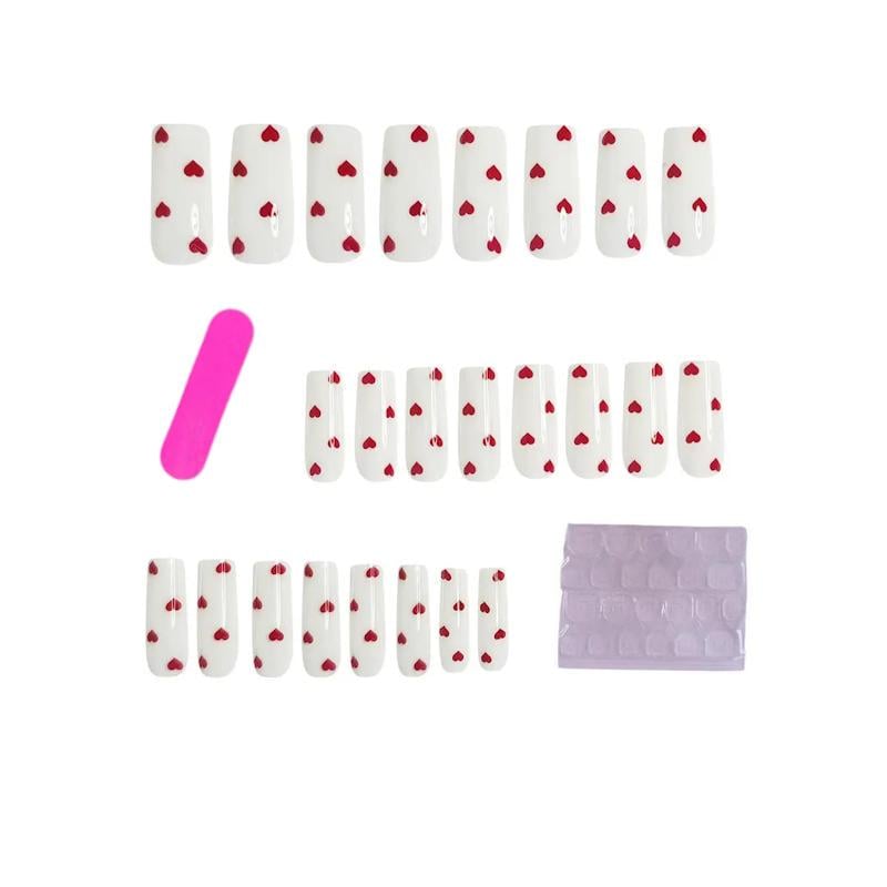 Накладные ногти с дизайном Сердца с клеевыми пластинами 24 шт. Белый с красным (2689612563)