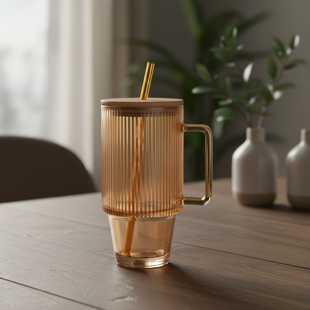 Чашка стеклянная с бамбуковой крышкой и стеклянной трубочкой ICE Tea 750 мл Коричневый/Прозрачный (HP-19-50R)